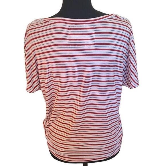 Cupio Womens Blouse Front Tie Button Short Sleeve Stripes Red Medium - Picture 2 of 11